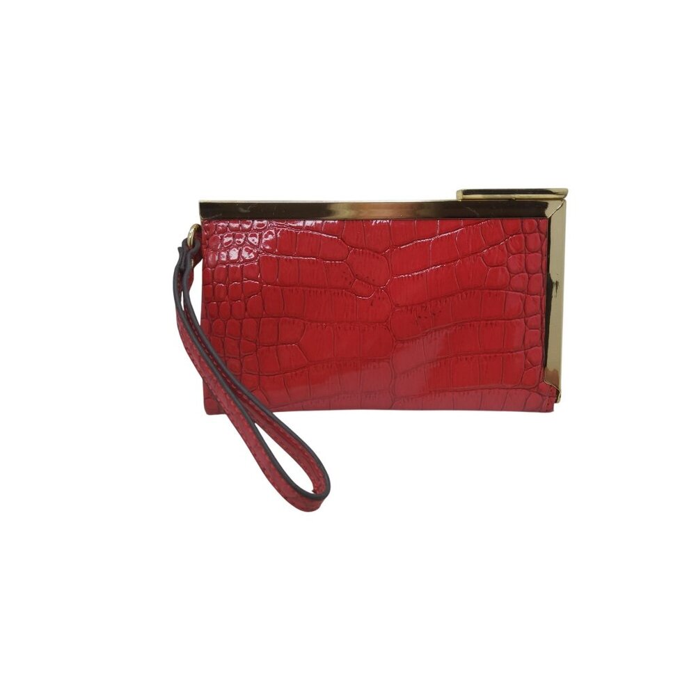 Vintage Anne Klein Red Croc-Embossed Clutch Bag With Gold Frame & Wristlet Strap